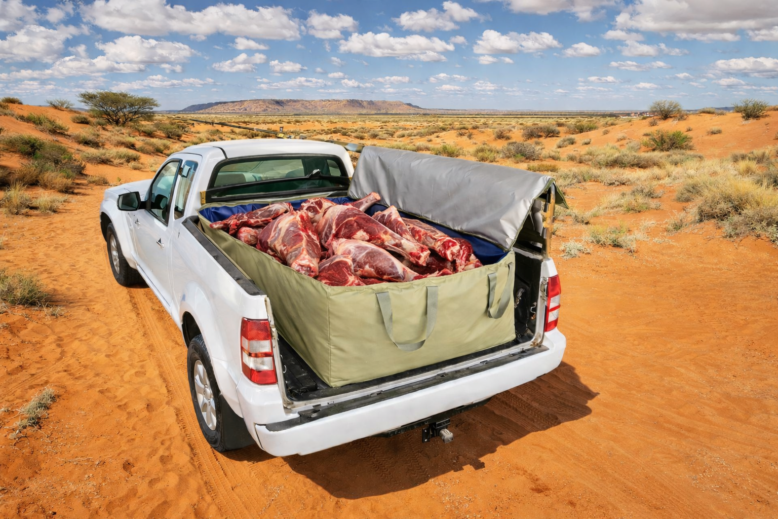 Bakkie cooler loaded with cuts of meat on a bakkie on a red plain