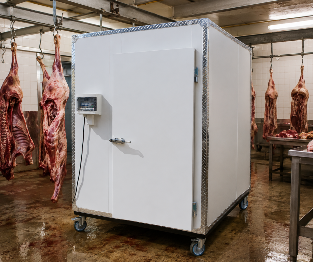 The cold room on its castors with the doors closed, temperature controller mounted on the front panel