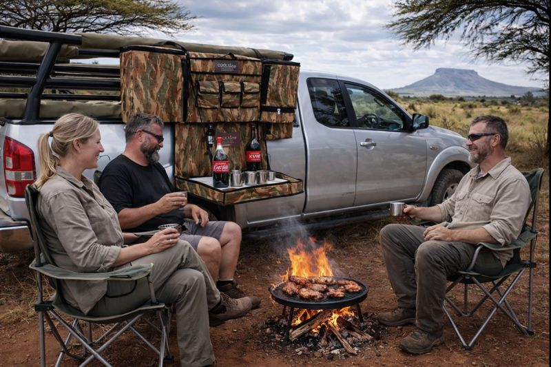 Three people around a fire with the mobile bar open on the bakkie