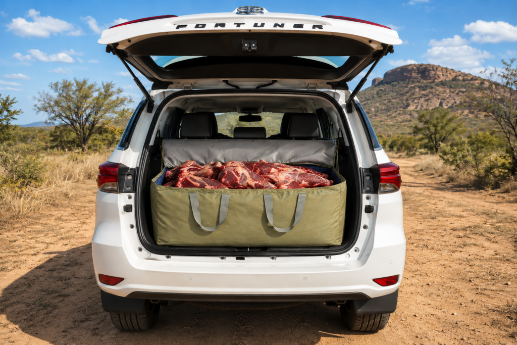 Olive canvas SUV cooler open and packed with meat in the load area of a Toyota Fortuner